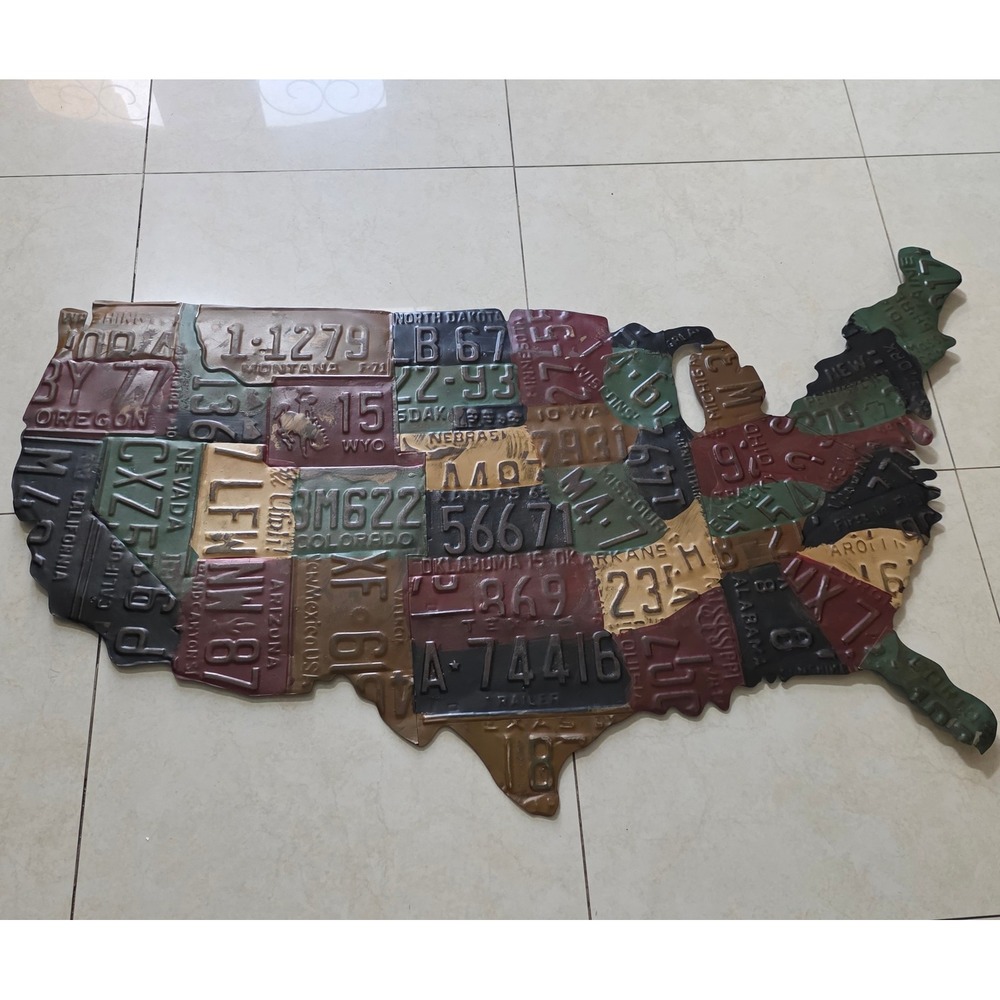 Rustic Metal USA Map Wall Art License Plate Style Industrial Americana Decor